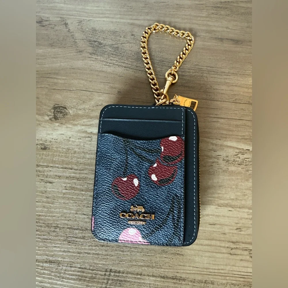NWT Coach Zip Card Case In Signature With Cherry Gold/denim blue Pink CZ468